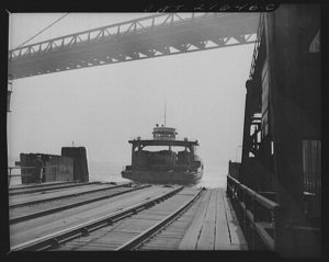 Ferry docking with railcars in Detroit