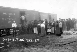 Distributing Relief from Grosse Point to the survivors of the 1908 Metz Fire
