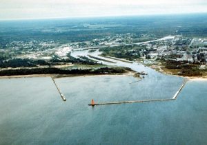 Aerial view of the Manistique East Breakwater Light