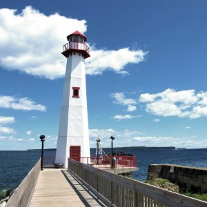 Wawatam Lighthouse in St. Ignace was relocated from a roadside site and now serves as a modern aid to navigation in the Straits of Mackinac.